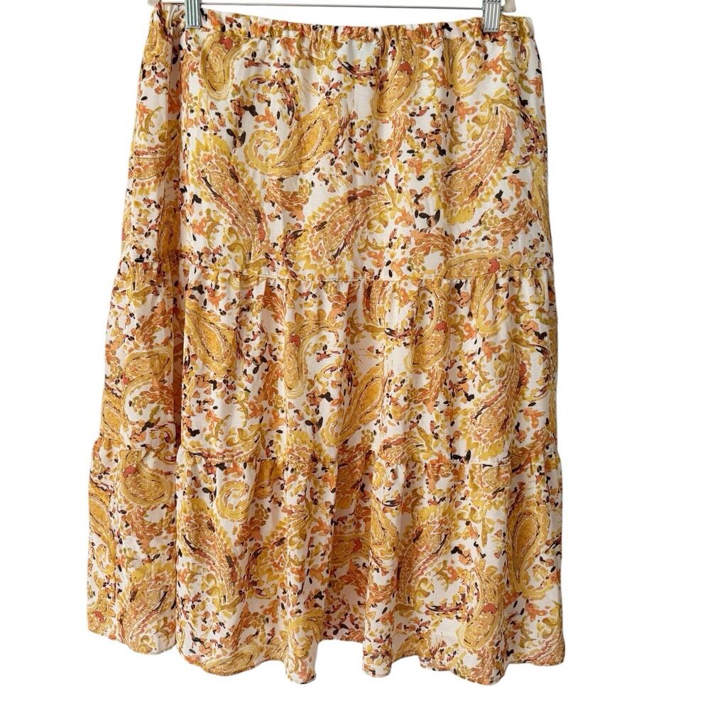 Kasper Yellow Paisley Print Tiered Midi Skirt Size Large